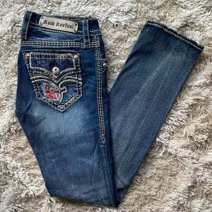 Rock Revival Raven Straight w/ Plaid Pockets - Size 28